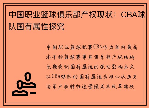 中国职业篮球俱乐部产权现状：CBA球队国有属性探究