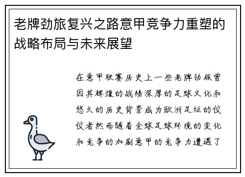 老牌劲旅复兴之路意甲竞争力重塑的战略布局与未来展望