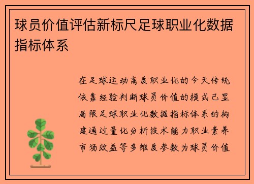球员价值评估新标尺足球职业化数据指标体系