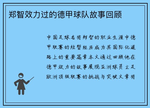 郑智效力过的德甲球队故事回顾